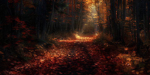 Autumn forest scene, A yellow path in an old wood and some tree leaves

 - obrazy, fototapety, plakaty