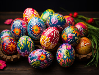 Fototapeta na wymiar Hand painted Easter egg with flowers and leaves shapes and many color, isolated background