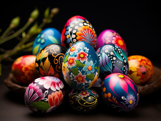 Fototapeta na wymiar Hand painted Easter egg with flowers and leaves shapes and many color, isolated background