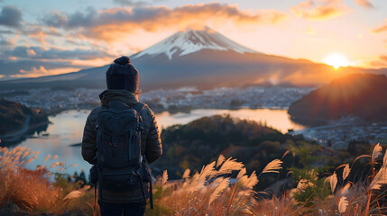 Young Woman Hiking with a View of Mount Fuji at Evening