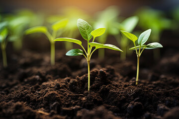 Fototapeta premium Earth Day, Young Plants Growing in Soil, Small Trees with Green Leaves, Natural Growth, Sunlight, and Sustainable Agriculture