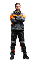 Isolated, transparent, no background, Proud and Skilled Male Electrician in Full Body Pose on Gray Background - Isolated Professional Worker Expertise with Tools for Construction and Maintenance Servi