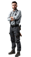 Isolated, transparent, no background, Confident and Skilled Male Electrician in Full Body Pose on Gray Background