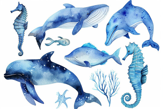 Set of watercolor marine illustrations with sea animals and abstract elements of sea animals. Blue watercolor ocean fish, Medusa, whale, seahorse illustration