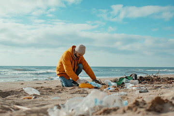a trendy environmentalist man collects garbage on the beach. Earth day and pollution activist.