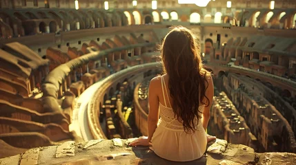 Zelfklevend Fotobehang Woman Overlooking Ancient Romes Coliseum, Italy © vanilnilnilla
