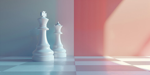 White chess figures positioned on pink board with king piece as the lead.AI Generative