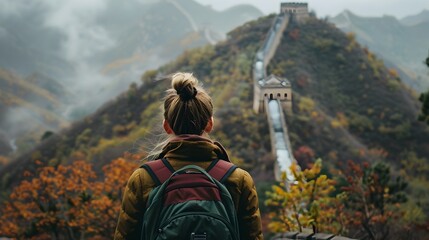 Woman with Backpack Looking at Great Wall of China