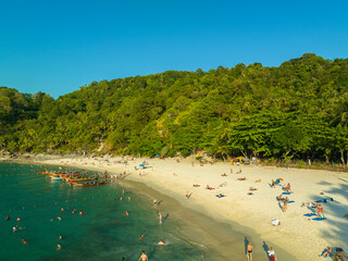aerial view scenery perfect beach. .Freedom Beach has large trees and a mature forest. .Tourists prefer to come by long-tail boat. .The footpath is far from the beach and is steep. white sand beach