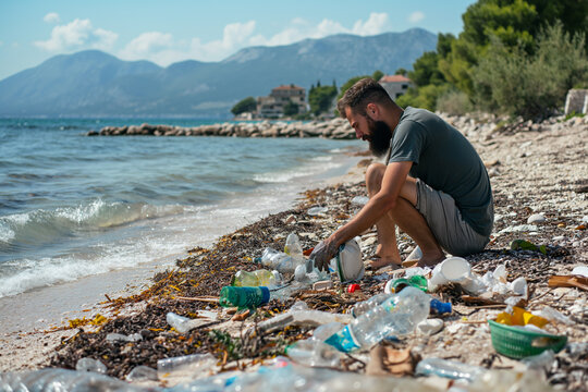 a trendy environmentalist man collects garbage on the beach. Earth day and pollution activist.