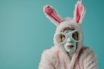 hip male model in cool funny easter bunny costume, minimalistic background for a editorial shot. - obrazy, fototapety, plakaty