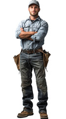 Isolated, transparent, no background, Proud Male Electrician in Gray Background Full Body Pose Straight to Camera Expertise Service Worker Hands-On Skilled Occupation Laborer.