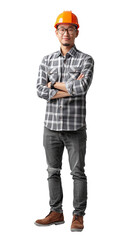 Isolated, transparent, no background, Confident Male Engineer Standing Proudly in Gray Background, Full Body Pose, Looking Straight Into Camera