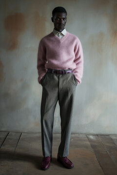 full length, whole body, black male model wearing modern clothes, Advant Garde, light pink mohair sweater with polo collar, grey slacks, purple leather belt, vintage magazine photoshoot.