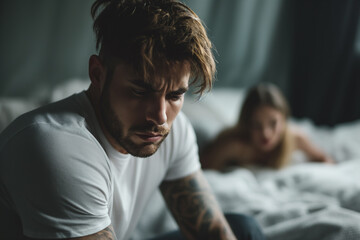handsome model man sitting on the edge of his bed worried expression, in the background a woman looking at him. relationship problems - obrazy, fototapety, plakaty