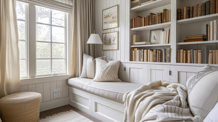 A cozy reading corner in a bedroom complete with a plush cushioned bench a builtin bookshelf and a vintage table lamp. The soft muted color palette and natural textures make