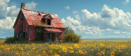 Old abandoned house in a field. Generated AI