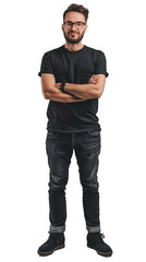 Isolated, transparent, no background, Unbelievable Beautiful Proud Male Graphic Designer in Gray Background Full Body Pose Straight into Camera Creative Workspace Concept Idea Artist Designer Digital 