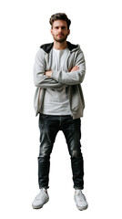 Isolated, transparent, no background, Unbelievably Beautiful Proud Male Graphic Designer in Gray Background Full Body Pose Straight to Camera