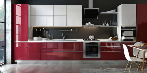 Modern kitchen interior with red walls and white furniture modern kitchen interior red cabinets beautiful.AI Generative