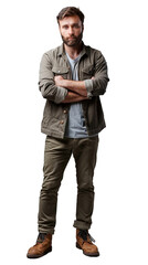 Fototapeta premium Isolated, transparent, no background, Unbelievable Beautiful Proud Male Journalist in Gray Background Full Body Pose Straight to Camera Portrait