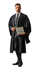 Isolated, transparent, no background, Confident Male Lawyer in Gray Suit and Tie Full Body Pose on Isolated Background Standing with Authority and Sophistication