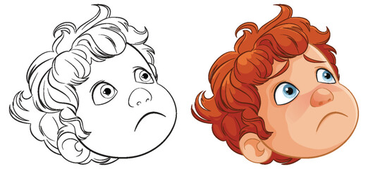 Two stages of a child's face, from sketch to color.
