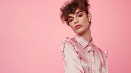 beautiful stylish transgender influencer, light pink background, front view, studio shot