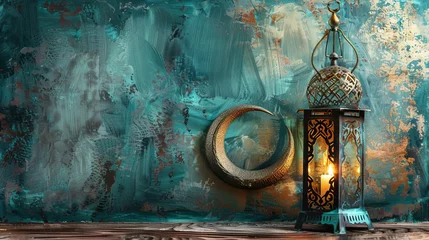 Foto op Plexiglas Captivating ramadan calligraphy with crescent (hilal) and vintage arabic lantern: a warm invitation to embrace the holiness of the holy month © touseef