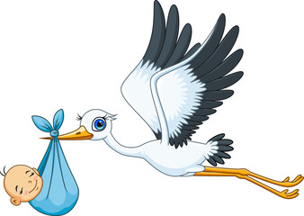 Cartoon of a cute stork carrying  a newborn baby - 743403569