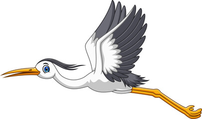 Cartoon cute white stork flyimg on white background