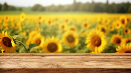 Obraz premium Empty Wooden Tabletop Desk Plank for Product Display with Blurred Background of Sunflower Field