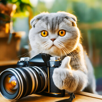 A cute cat with camera, thumb up, take photo, photographer