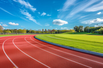 Running track race with green grass and beautiful sky background, empty runway, stadium arena for sport match.