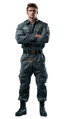 Naklejka premium Isolated, transparent, no background, Confident Male Pilot in Uniform with Wingspan Hat and Sunglasses on Gray Background, Full Body Pose Straight to Camera