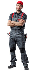 Isolated, transparent, no background, Confident Male Plumber in Gray Uniform with Wrench and Toolbelt - Skilled Worker in Plumbing Industry Fixing Pipe and Equipment