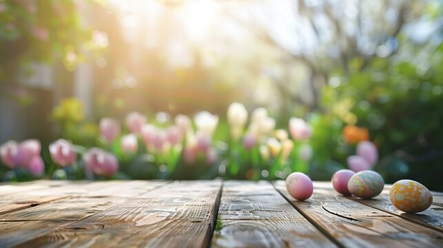 Empty table background with defocused easter theme in background.