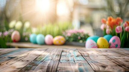 Empty table background with defocused easter theme in background.