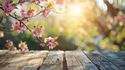 Empty table background with defocused spring theme in background - obrazy, fototapety, plakaty