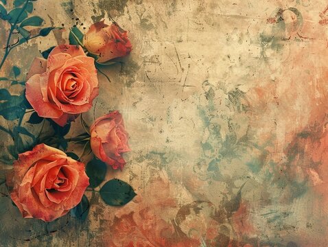 Vintage Roses Grunge Parchment With Copy Space