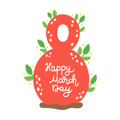 Festive red number for March 8 with twigs. Hand drawn flat cartoon element. Vector illustration