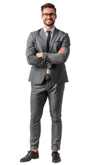 Isolated, transparent, no background, Confident and Successful Male Real Estate Agent in Elegant Gray Suit and Tie, Full Body Pose Straight to Camera, Isolated on Transparent Background