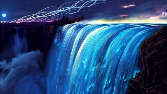 A waterfall shines under the starry sky and aurora, a mystical natural scene at night
