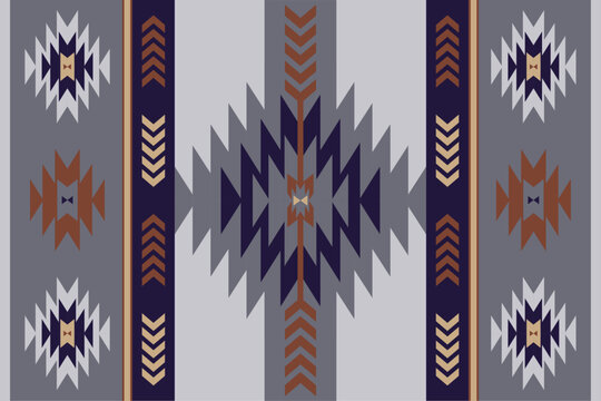 Ethnic fabric pattern, grey, blue, brown, geometric shapes for textiles and clothing, blankets, rugs, blankets, vector illustration.