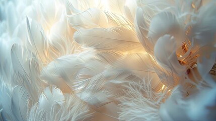 Delicate luxury white fur background. Soft dreamy macro feather textured background, highly...
