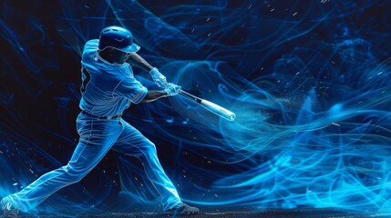 A baseball player in a blue uniform is swinging the bat with all his strength, ready to hit the incoming ball, light painting, sketch, 4K, high resolution, AI Generative - obrazy, fototapety, plakaty