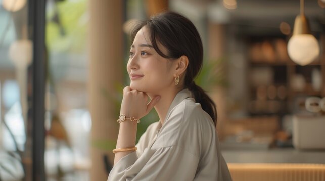 28 years old, Japanese woman, light grey shirt, light grey skirt, one thin gold ring,influencer, Jewelry Advertising , one thin gold bracelet, smile, side view, look away, AI Generative