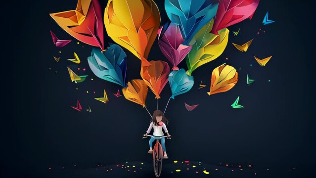A person riding a bicycle towing colorful balloons advancing through the night, with fantastical colorful lights blending into the background
