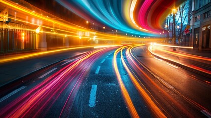 Urban speed light trails, long exposure captures the dynamic energy of the city, abstract and vibrant, a nocturnal dance,, AI Generative