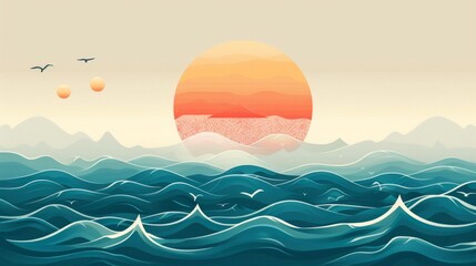 Vector calm ocean wide illustration, serene sea panorama, tranquil marine scene, expansive peaceful waterscape, minimalist design, AI Generative